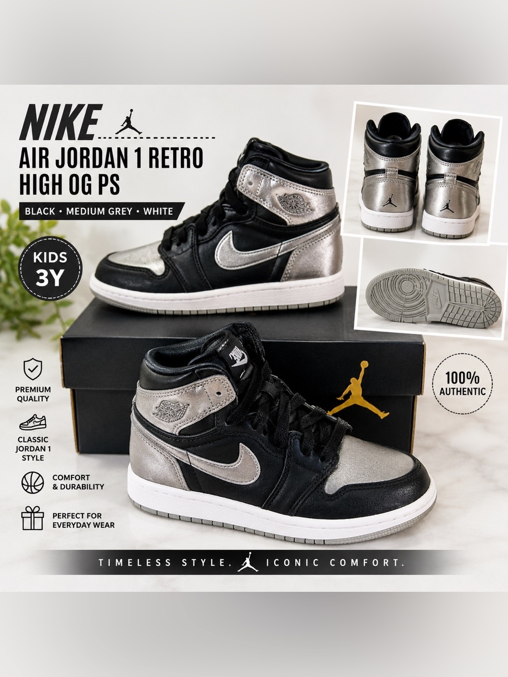 NIB Nike Air Jordan 1 Retro High OG PS Black Medium Grey White Size 3Y - Picture 1 of 7